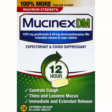 Mucinex DM Maximum Strength 12 Hour Expectorant & Cough Suppressant Tablets, 28-count