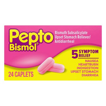 Pepto Bismol 5 Symptom Upset Stomach Reliever/Antidiarrheal Caplets, 24-count