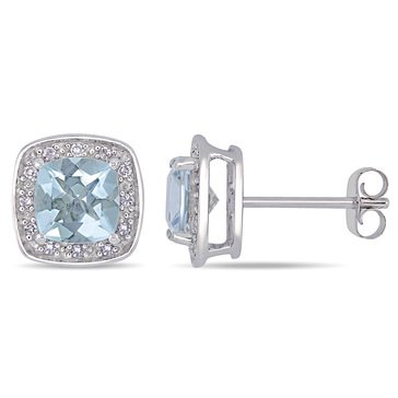 Sofia B. 10K White Gold Cushion Cut Aquamarine and 1/10 cttw Diamond Halo Earrings