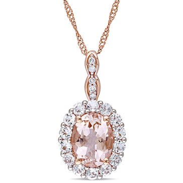 Oval-Cut Morganite, White Topaz and Diamond Accent Halo Drop Necklace, 14K Rose Gold