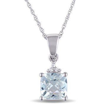 Sofia B. 10K White Gold Cushion Cut Aquamarine with Diamonds Pendant