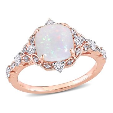Opal, White Sapphire and Diamond Accent Vintage Style Ring, 10K Rose Gold 