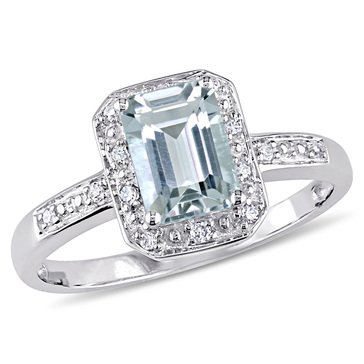 Emerald Cut Aquamarine Ring with Diamonds, 10K White Gold 