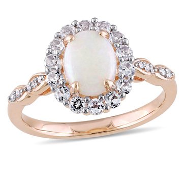 Opal, White Topaz and Diamond Accent Vintage Ring, 14K Rose Gold 