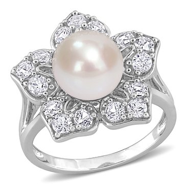 Sofia B. Cultured Freshwater Pearl and 1 1/3 cttw Created White Sapphire Floral Ring