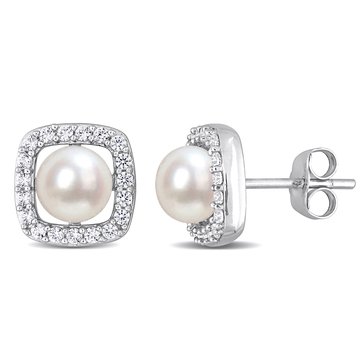 Sofia B. 10K White Gold Created White Sapphire and Freshwater Cultured Pearl Earrings