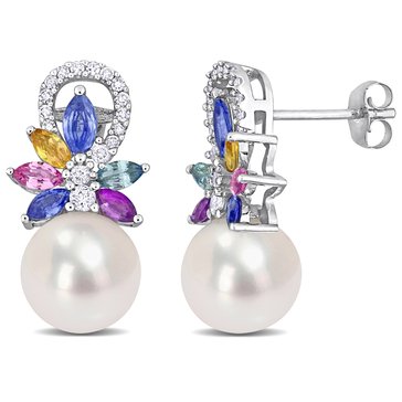 Sofia B. Freshwater Pearl, Multi Sapphire and 1/8 CT. TW. Diamond Flower Drop Earrings, 14K White Gold