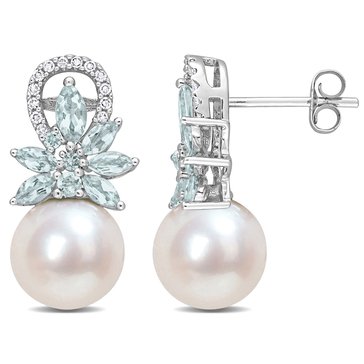 Sofia B. Freshwater Pearl, Aquamarine and 1/8 cttw Diamond Flower Drop Earrings