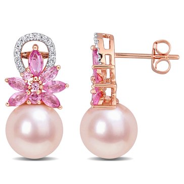 Sofia B. Pink Freshwater Pearl, Pink Sapphire and 1/8 CT. TW. Diamond Flower Drop Earrings, 14K Rose