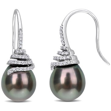 Sofia B. Cultured Black Tahitian Pearl and 1/3 cttw Diamond Swirl Hook Earrings