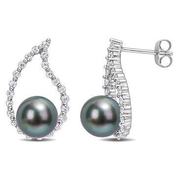 Sofia B. Cultured Black Tahitian Pearl and White Sapphire Teardrop Earrings
