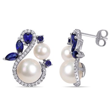 Sofia B. 10K White Gold Freshwater Cultured Pearl, Sapphire and 1/3 cttw Diamond Swan Stud Earrings
