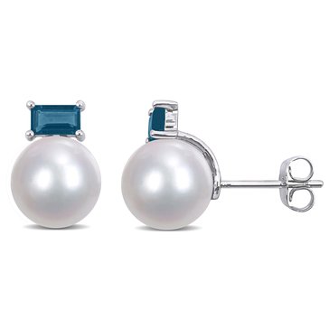 Sofia B. 10K White Gold Freshwater Cultured Pearl and Baguette Blue Topaz Stud Earrings