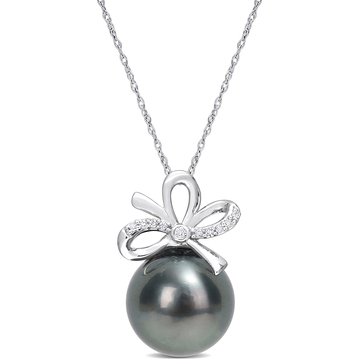 Sofia B. 14K White Gold Black Tahitian Cultured Pearl and Diamond Accent Bow Pendant