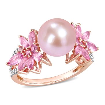 Sofia B. Cultured Freshwater Pearl, Pink Sapphire and 1/8 CT. TW. Diamond Flower Ring, 14K Rose Gold