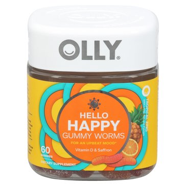 Olly Hello Happy for Upbeat Mood Gummy Worms, 60-count