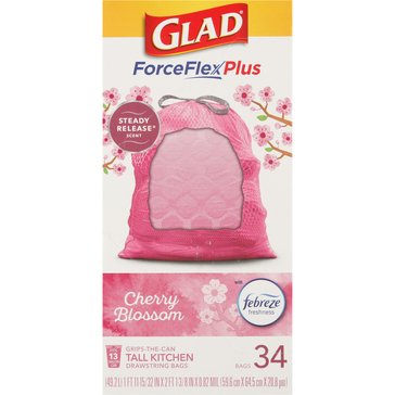 Glad ForceFlex Plus Drawstring Odor Shield, 13 Gallon, Cherry Blossom