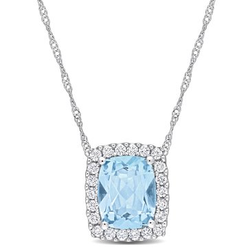 Sofia B. 2 1/4 cttw Cushion Cut Blue Topaz and 1/4 cttw Diamond Halo Necklace