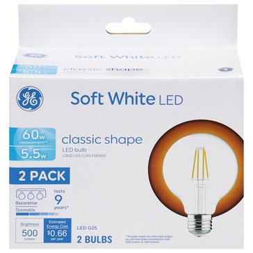 GE 60W LED Soft White Clear Globe E26 Base G25 2-Pack Light Bulbs