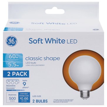 GE 60W LED Soft White Frosted Globe E26 Base G25 2-Pack Light Bulbs