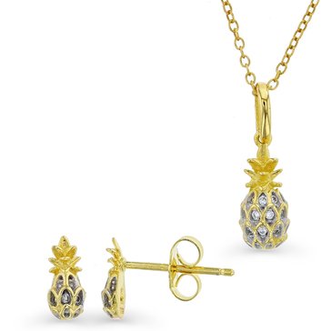 Sterling Silver CZ Pineapple Necklace & Stud Earrings Boxed Set