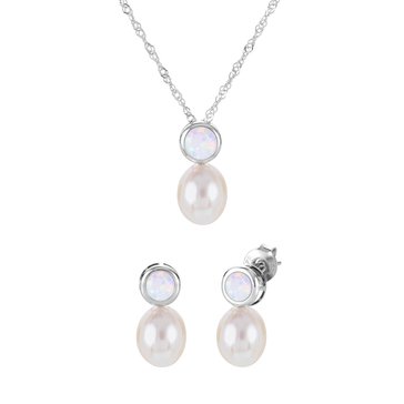 Imperial Pearl October Birthstone Cultured Pearl Created Opal Set