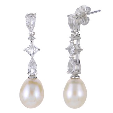 Freshwater Cultured Pearl and Created White Sapphire Drop Earrings