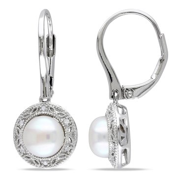 Sofia B. Freshwater White Cultured Pearl Diamond Filigree Halo Leverback Drop Earrings