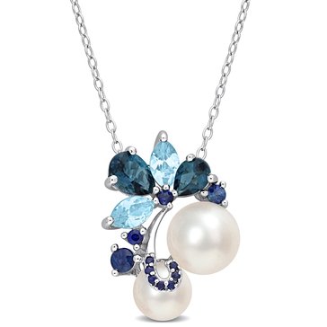 Sofia B. Freshwater Cultured White Pearl with London and Sky Blue Topaz & Sapphire Pendant
