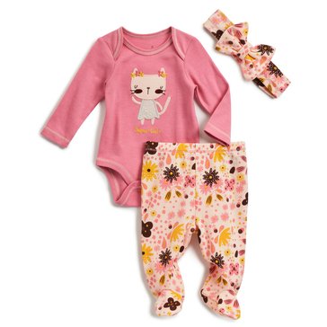 Wanderling Baby Girls Cat 3-Piece Layette Set with Bow