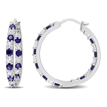 Sofia B 3 5/8 cttw Created Blue and White Sapphire Hoop Earrings