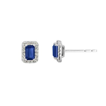 Created Sapphire Octagon Cut with White Topaz Halo Stud Earrings