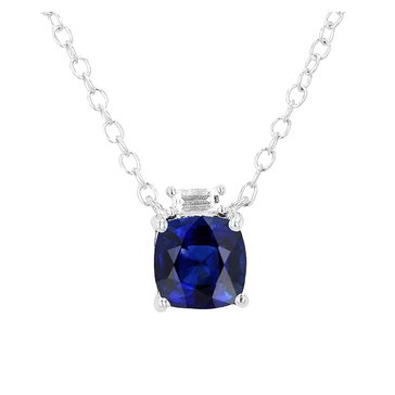 Created Sapphire Antique Cut with Baguette Cut White Topaz Pendant