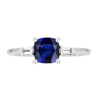 Created Sapphire Antique Cut with Baguette Cut White Topaz Ring