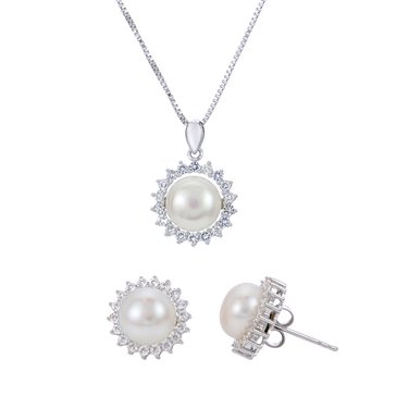 Imperial Freshwater Cultured Pearl and CZ Button Shape Pendant and Earring Set