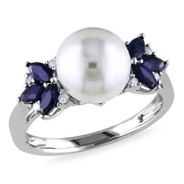 Sofia B. Freshwater Cultured Pearl and Diamond Sapphire Trillium Ring