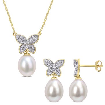 Sofia B. 1/4 cttw Diamond and Cultured Freshwater Pearl Drop Butterfly Earrings & Pendant Set