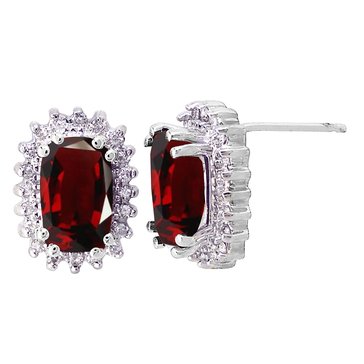 Garnet Antique Cut Drop Earrings with White Topaz Halo