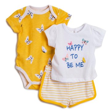 Wanderling Baby Girls Happy To Be Me 3-Piece Bodysuit And Shorts Set