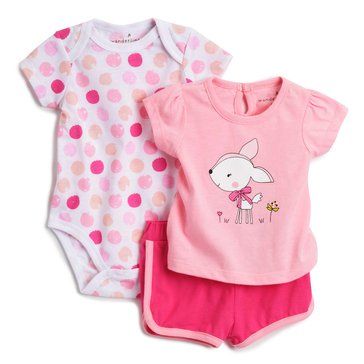 Wanderling Baby Girls Bunny 3-Piece Bodysuit And Shorts Set