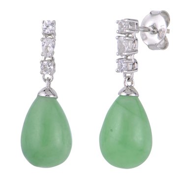 Imperial Dyed Green Jade with Created White Sapphire Drop Earrings