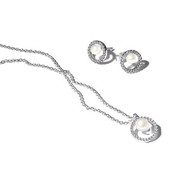 Pandora Treated Freshwater Pearl Pave Earrings & Necklace Set