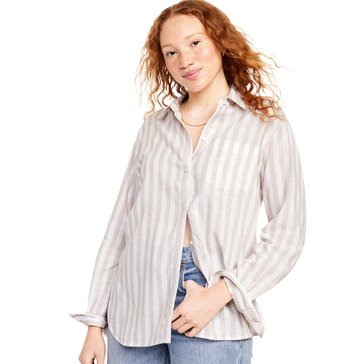 Old Navy Women's Long Sleeve Linen Stripe Boyfriend Shirt