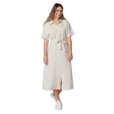 Yarn & Sea Women's Linen Short-Sleeve Belted Midi Dress
