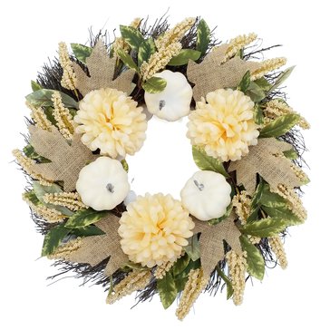 HKS Global Resources Ball Mum, Pumpkin, Burlap Maple Wreath, 22-Inch