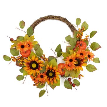 HKS Global Resources Sunflower, Pumpkin, Daisy Wreath, 24-Inch