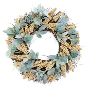 HKS Global Resources Heather, Lambs Ear and Leaves Wreath, 22-Inch