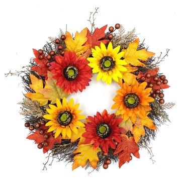 HKS Global Resources Sunflower, Berry, Maple Leaves Wreath, 22-Inch