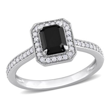 Sofia B. 1 1/4 cttw Black Diamond Emerald Cut and White Diamond Halo Ring