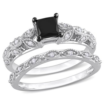 Sofia B. 1 ct Black Diamond Princess Cut And White Diamond Engagement Ring Set